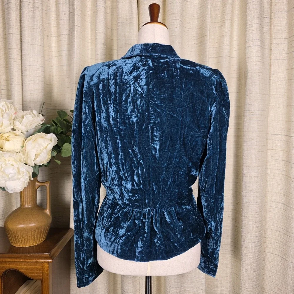 Vintage Crushed Velvet Jacket Blazer SZ S Regency Whimsigoth  Teal Blue Cinched